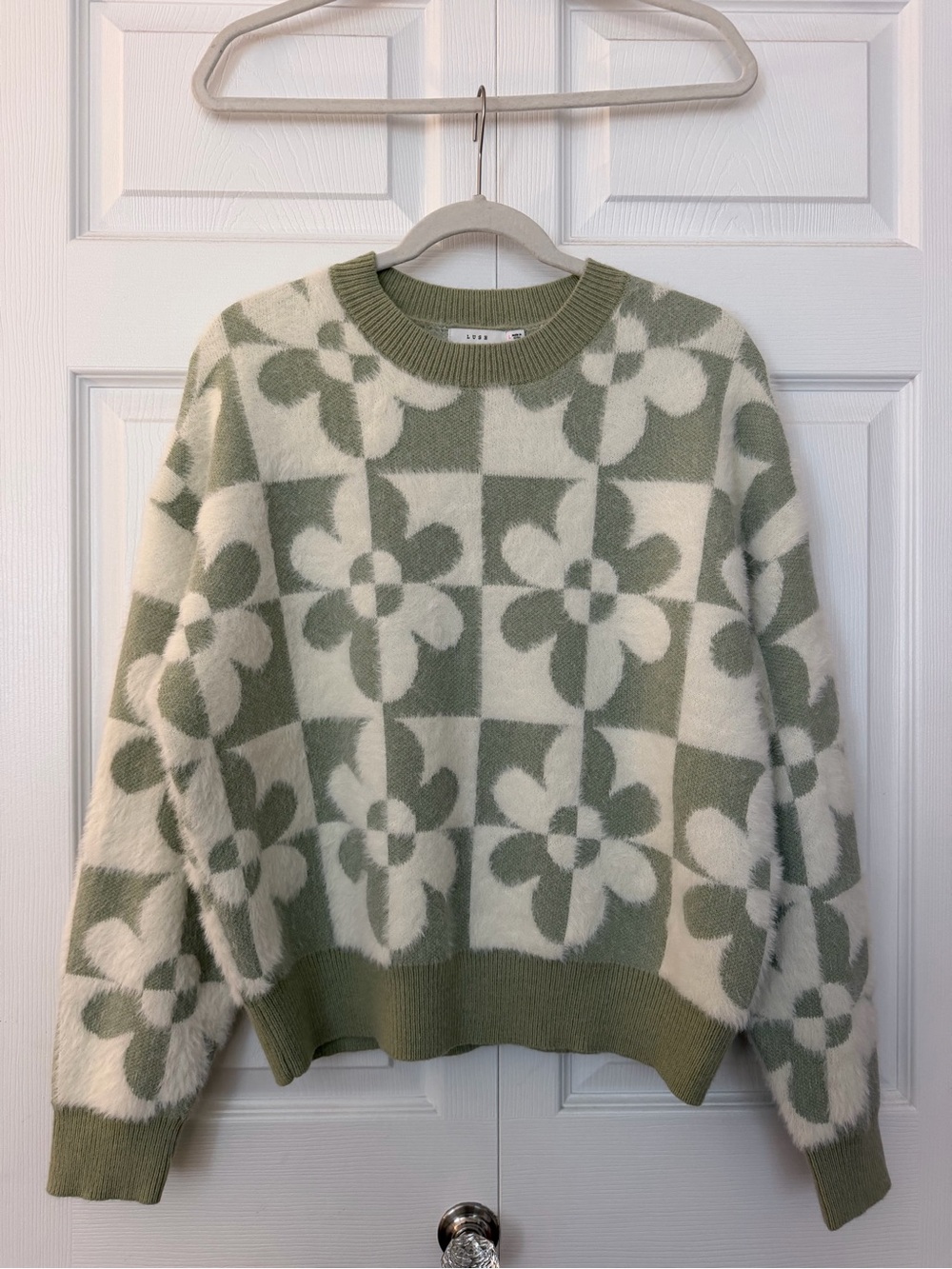 Lush Sage & Cream Floral Checker Crewneck Sweater